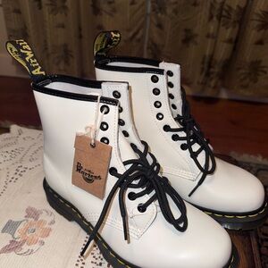 Dr. Martens White Leather Lace-Up Boots with Black Eyelets